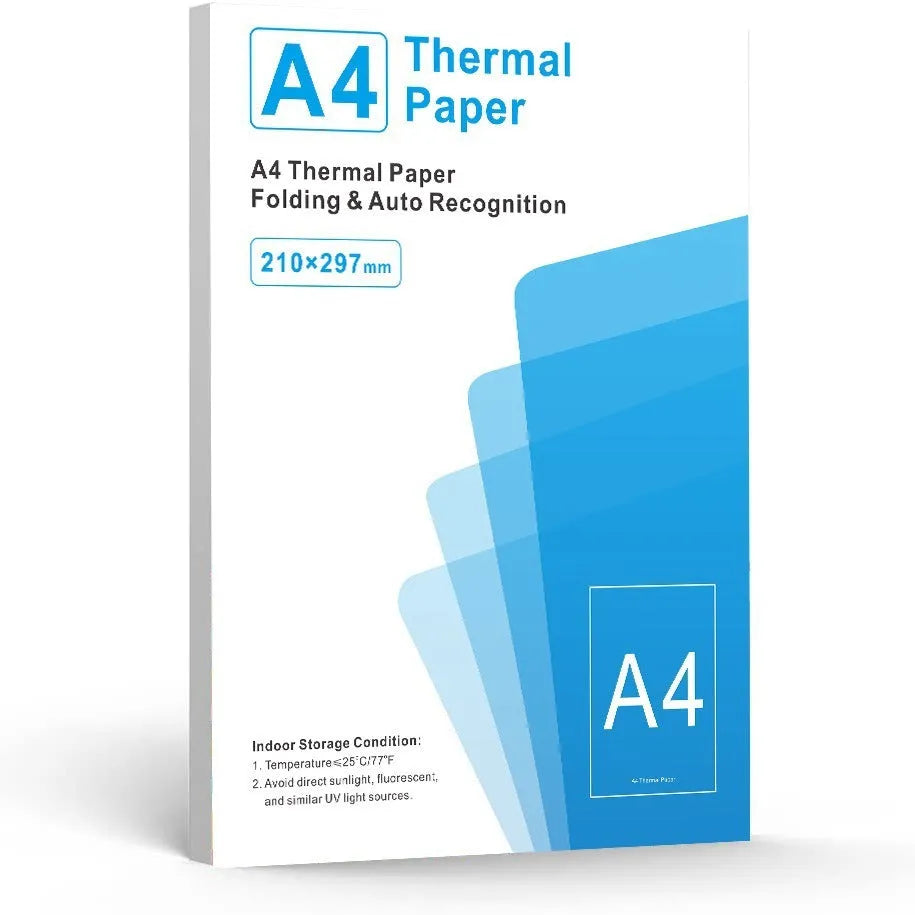 White A4 thermal printer paper in colour box packaging with dimensions 210x297mm