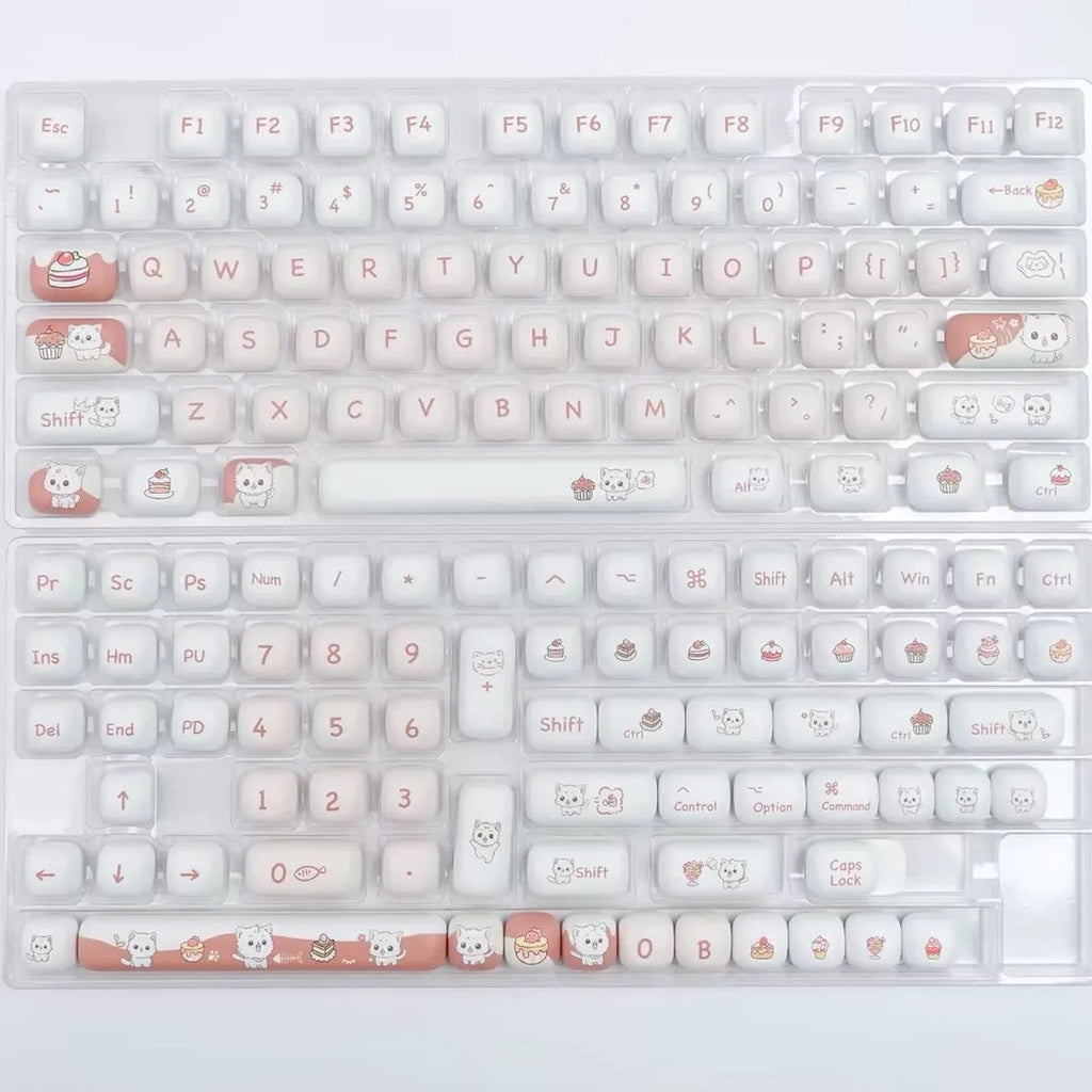 Cartoon dessert cat MOG round key cap set for mechanical keyboards, showing sublimated PBT design.