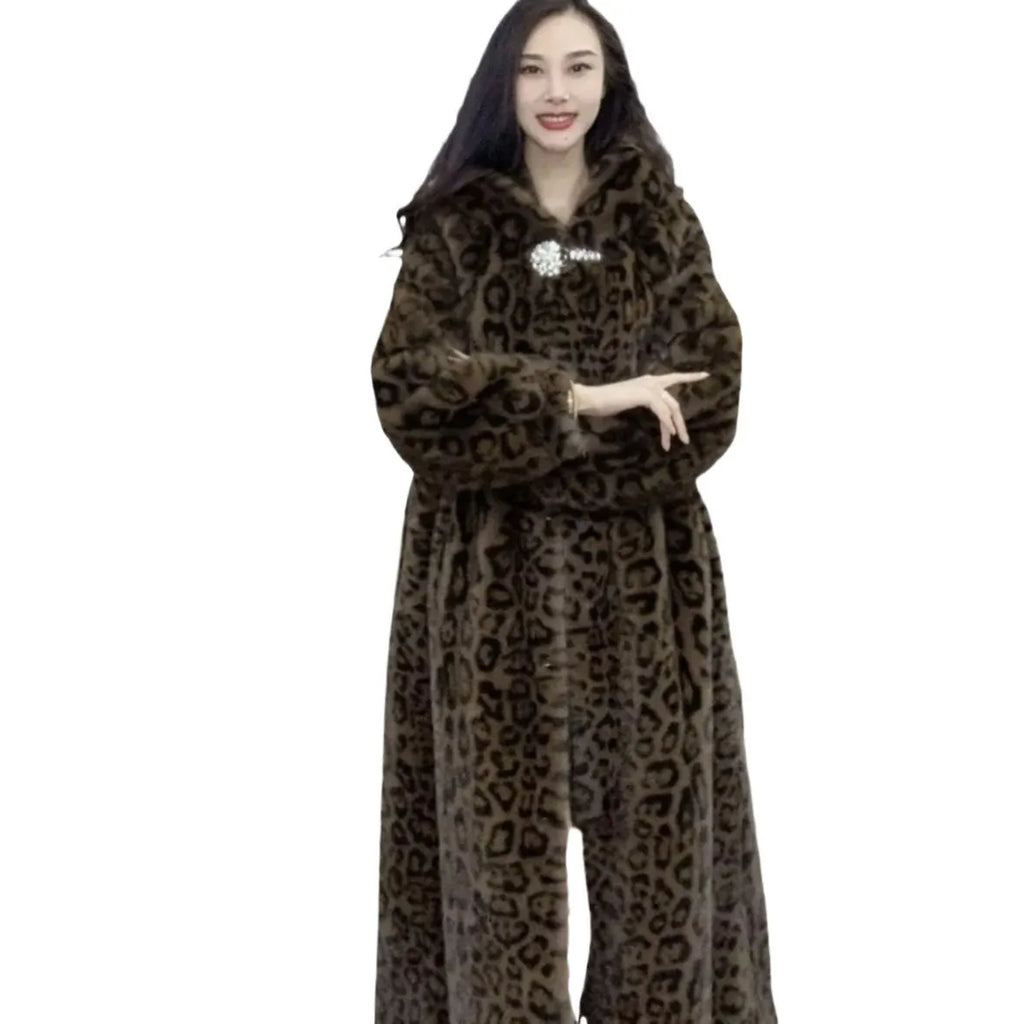 Long brown leopard print faux fur coat on a model, showing loose plus-size fit and regular sleeves.
