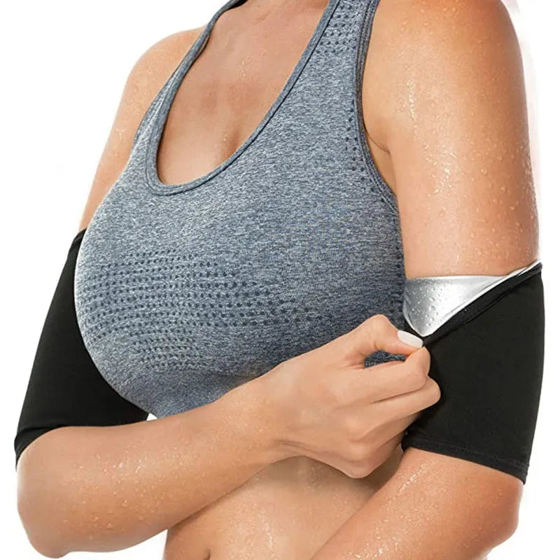 Adjustable arm shaping sweatband in blue with binding strap, shown on arm during exercise.