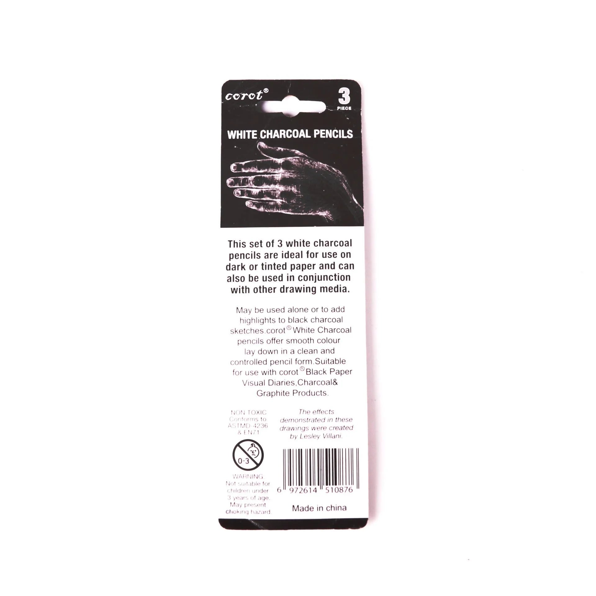 Three white charcoal drawing pencils for sketching and highlighting artwork.