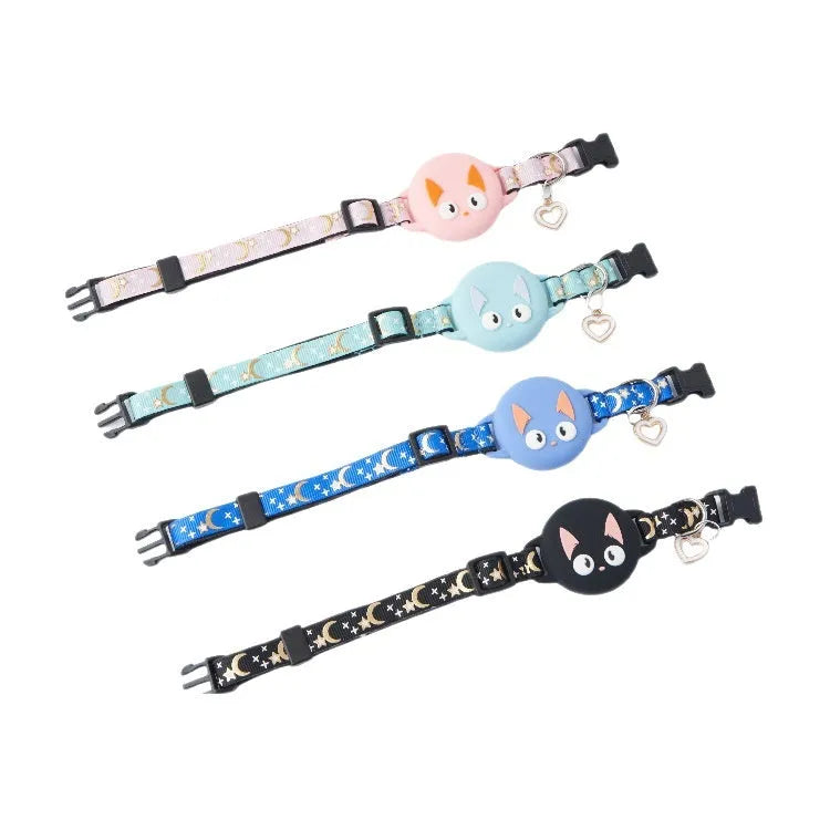 Pink and black plastic AirTag protective cases attached to a cat collar, showing adjustable sizing.