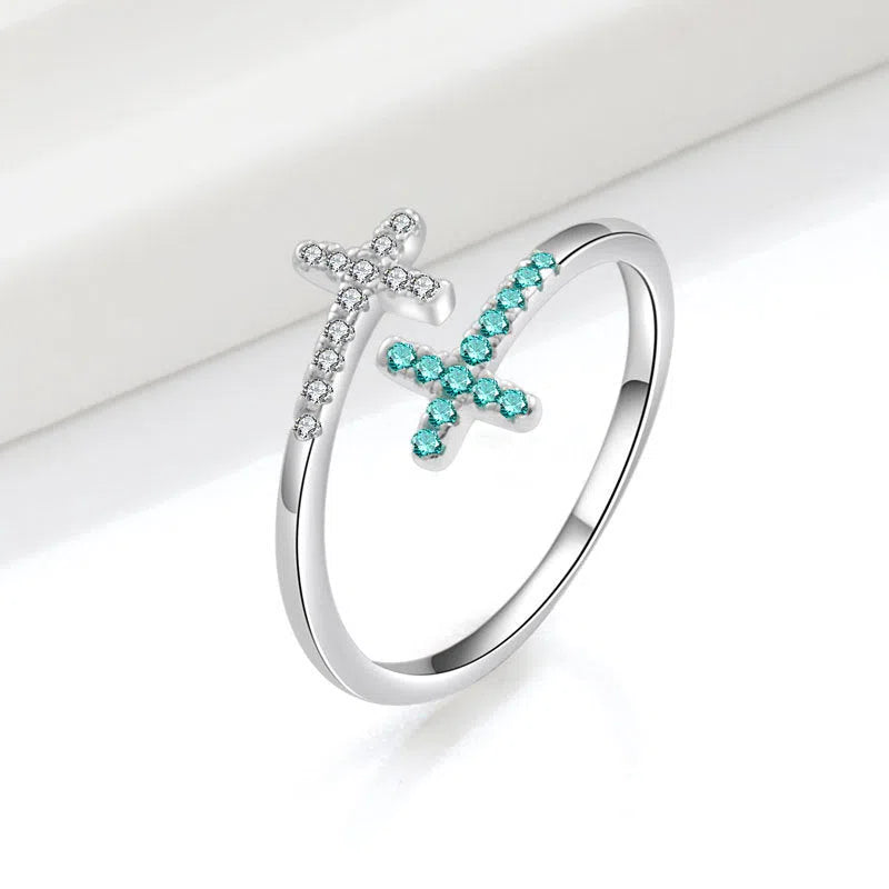 Women's cross open zircon ring in white gold colour on copper base with adjustable size