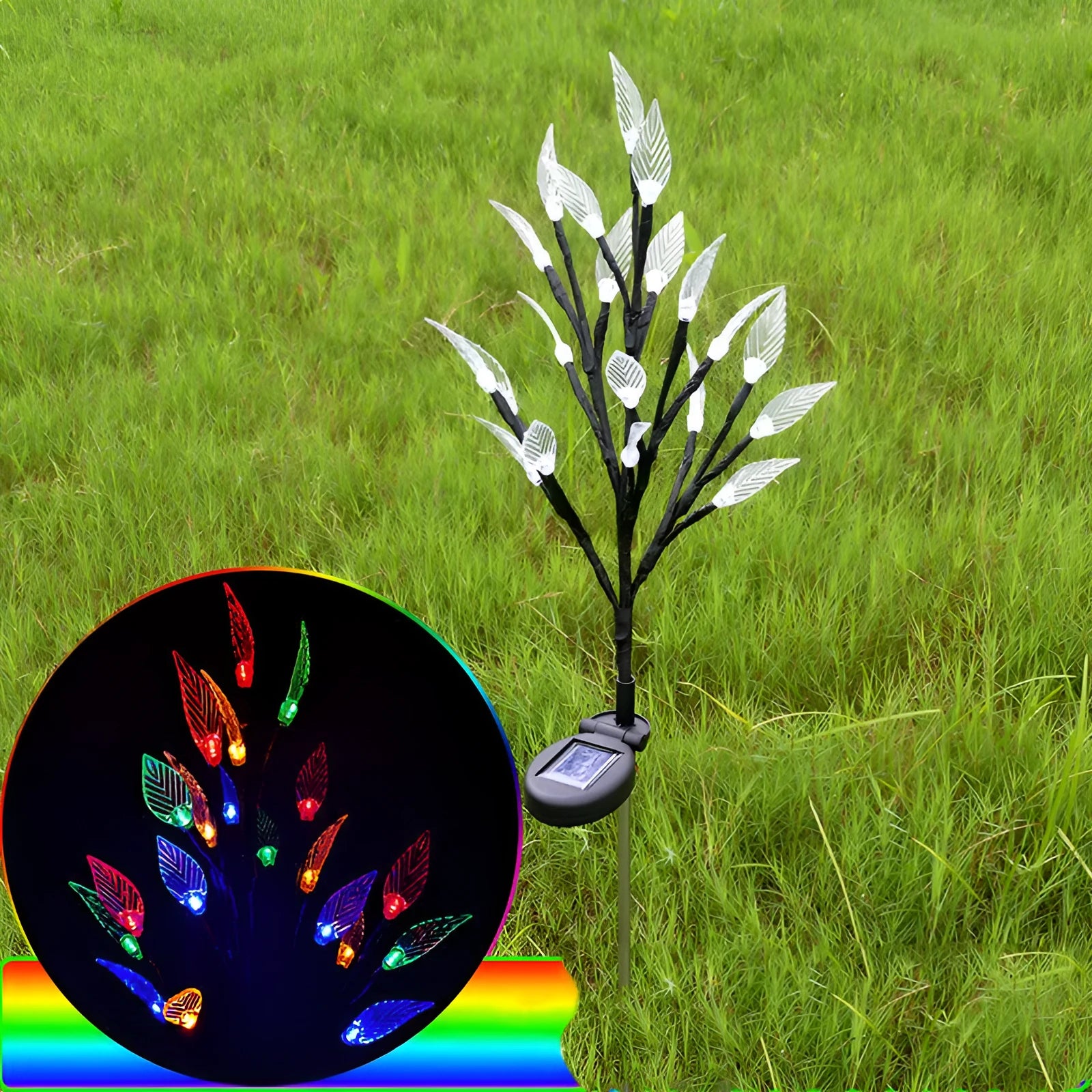 Solar-powered leaf branch garden light measuring 73cm tall with iron and plastic construction