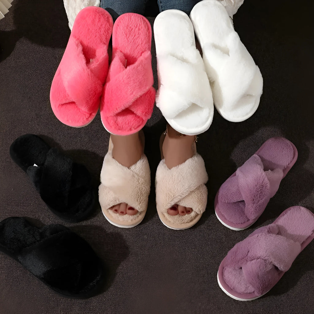 Women's cross plush slippers with open toe and EVA sole in brown colour