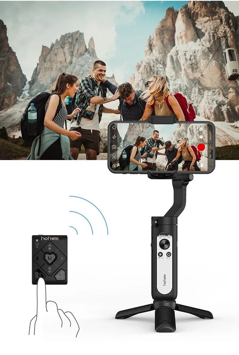 Black or white 3-axis phone stabiliser shown folded to its compact size.