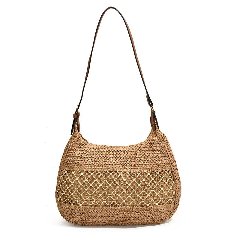Women's casual straw cross body bag in horizontal square shape with sandwich pocket design