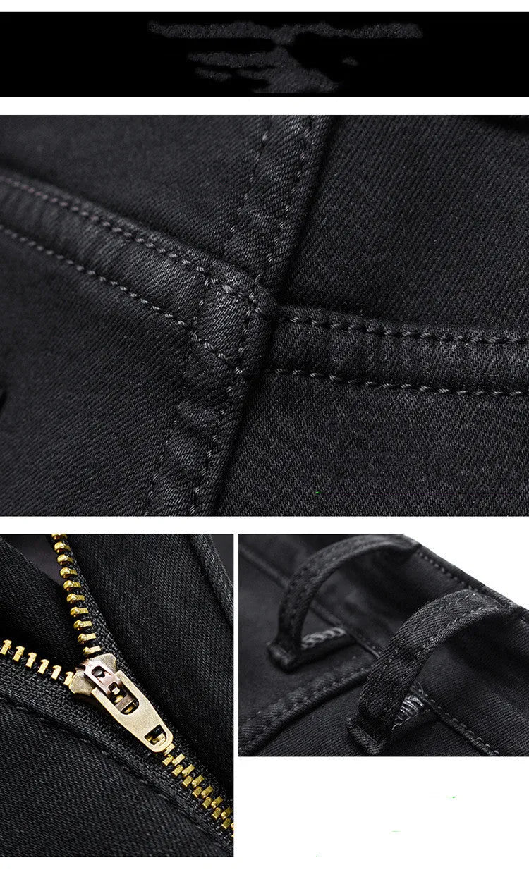 Men's slim straight leg jeans in black cotton denim with mid waist and zip fly, sizes 28-40.