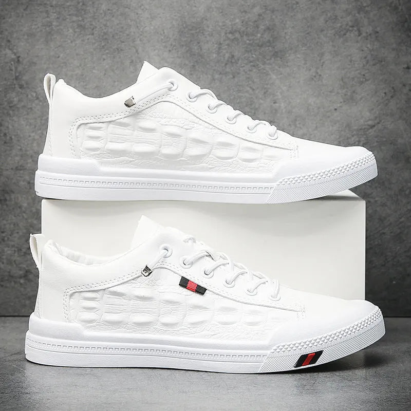 Men's white lace-up casual sneakers with round toe and flat rubber sole.