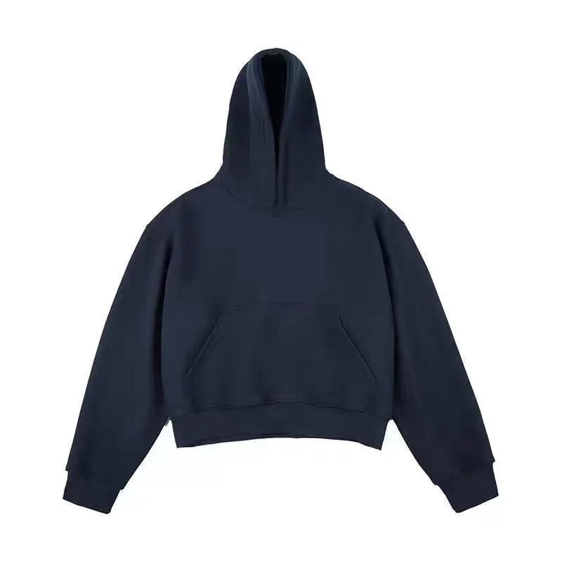 Short grey Chinese cotton velvet hooded sweater with long sleeves and a removable hood on a hanger.