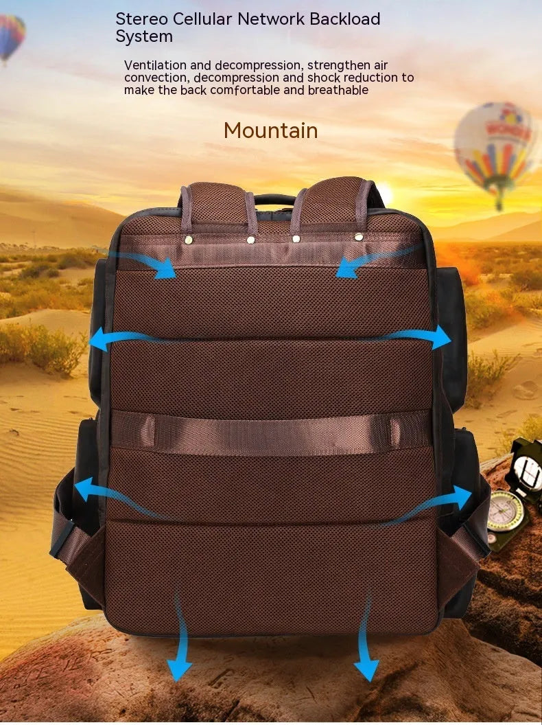 Dark brown men's leather backpack open to show internal compartments for a 17-inch laptop and organisation pockets.