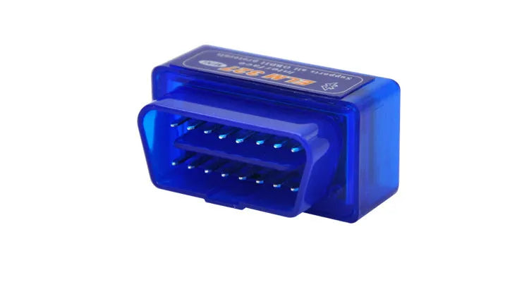 Compact black OBD2 Bluetooth diagnostic scanner for reading car engine fault codes.