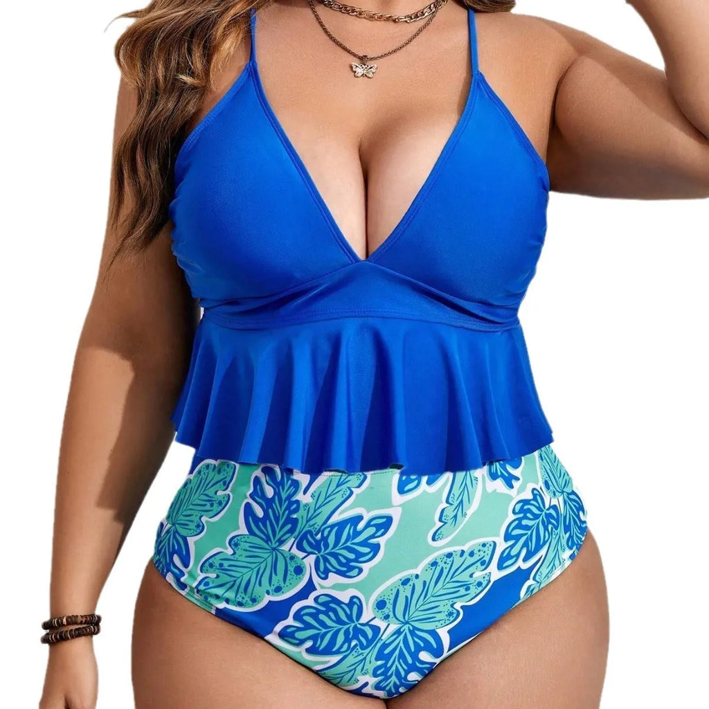 Blue plus size bikini swimsuit set with top and briefs shorts on a mannequin.