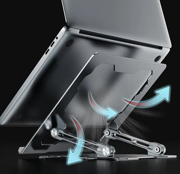 Grey aluminium adjustable and foldable laptop stand on a wooden desk.