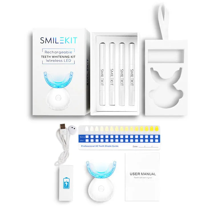 Teeth whitening kit with USB charging lamp, ABS shell, gel pens, and colourimetric card in black