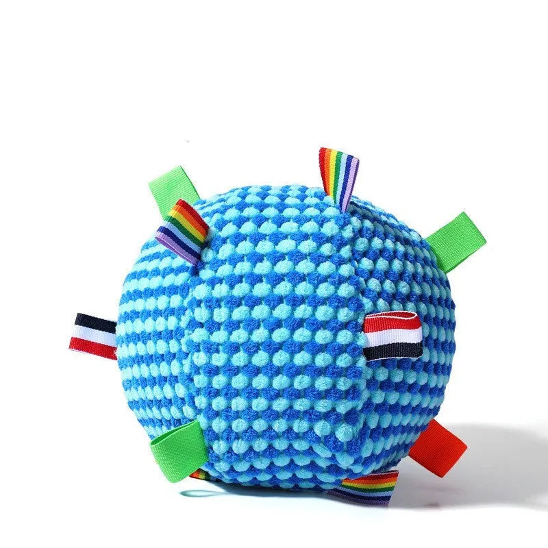Blue and yellow durable dog chew ball with pineapple lattice texture, approximately 17cm in diameter.