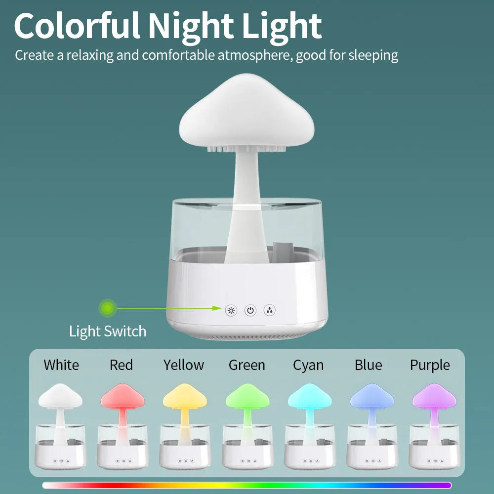 White raining cloud desk humidifier and essential oil diffuser with mushroom lamp night light