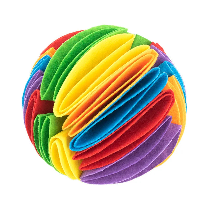 Foldable dog snuffle ball in polar fleece fabric, size L 20 cm, beige brown green colour, on a light background