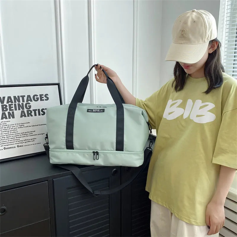 Women's large capacity travel duffle bag with separate shoes compartment, waterproof Oxford cloth, available in multiple colours