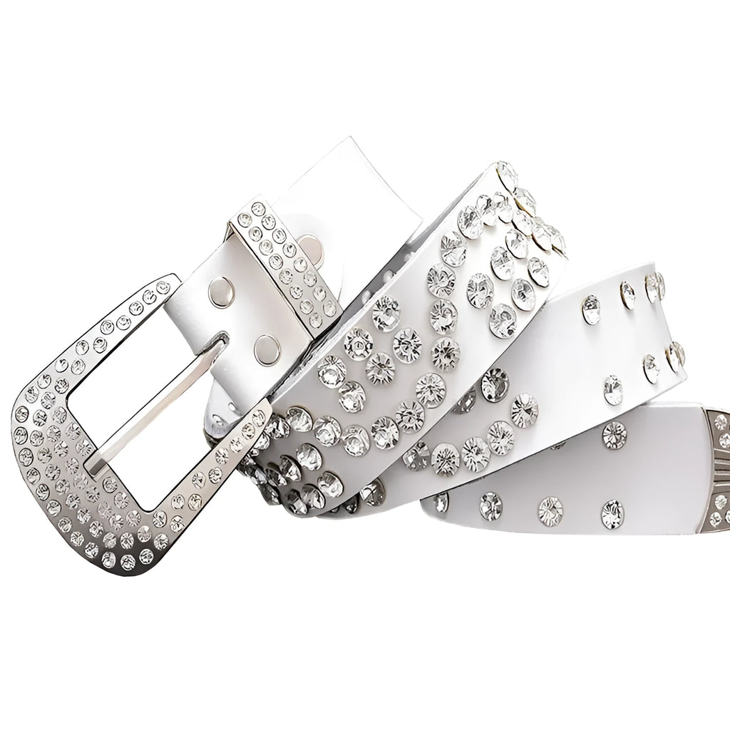 Ladies cowhide leather belt with rhinestone D-shape pin buckle, diamond-studded pattern, available in multiple colours and sizes