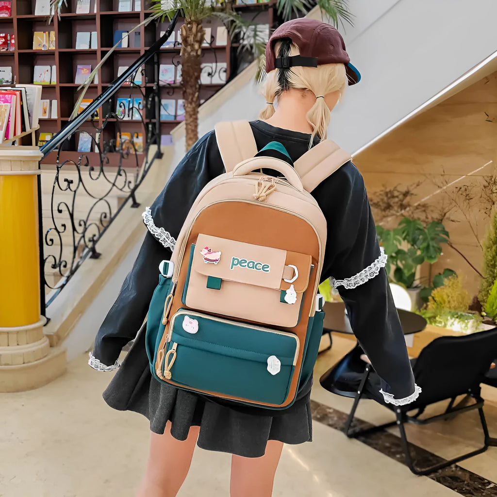 Women's large capacity nylon schoolbag 29x45x17cm with letter pattern, available in grey, khaki, purple, black, and blue