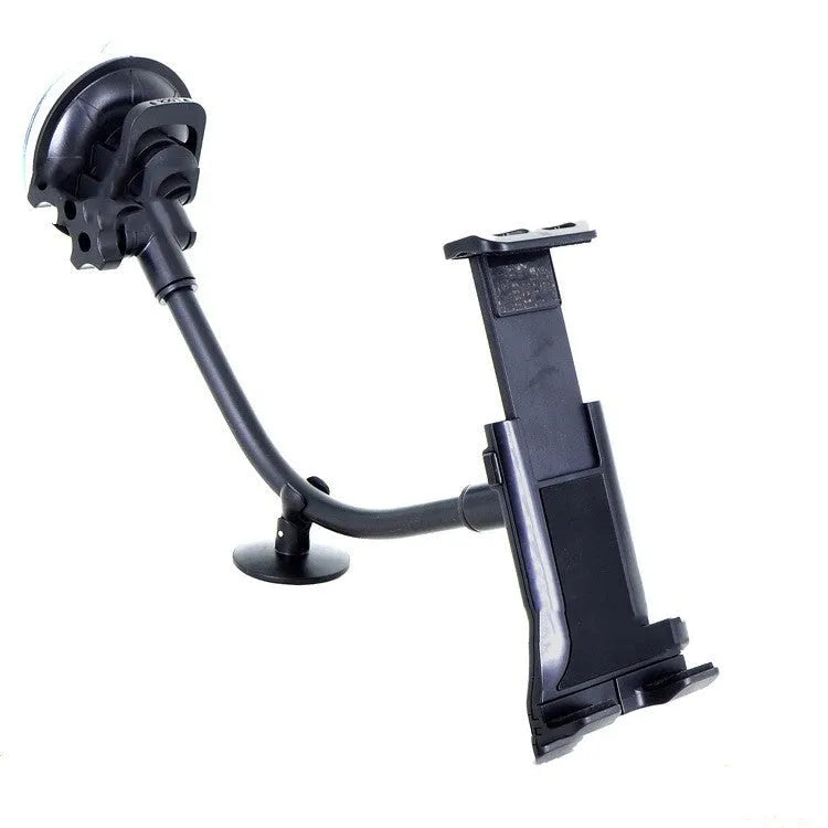 Black lifting-style car tablet holder with suction cup, holding a large tablet.