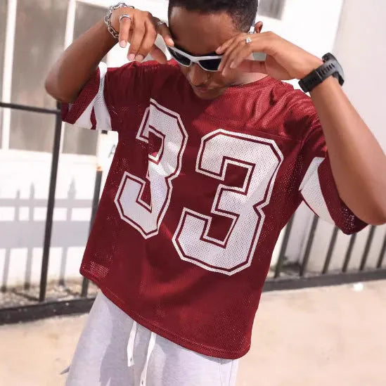 Men's mesh sports T-shirt in thin polyester bird eye cloth, loose short sleeve round neck, five colours