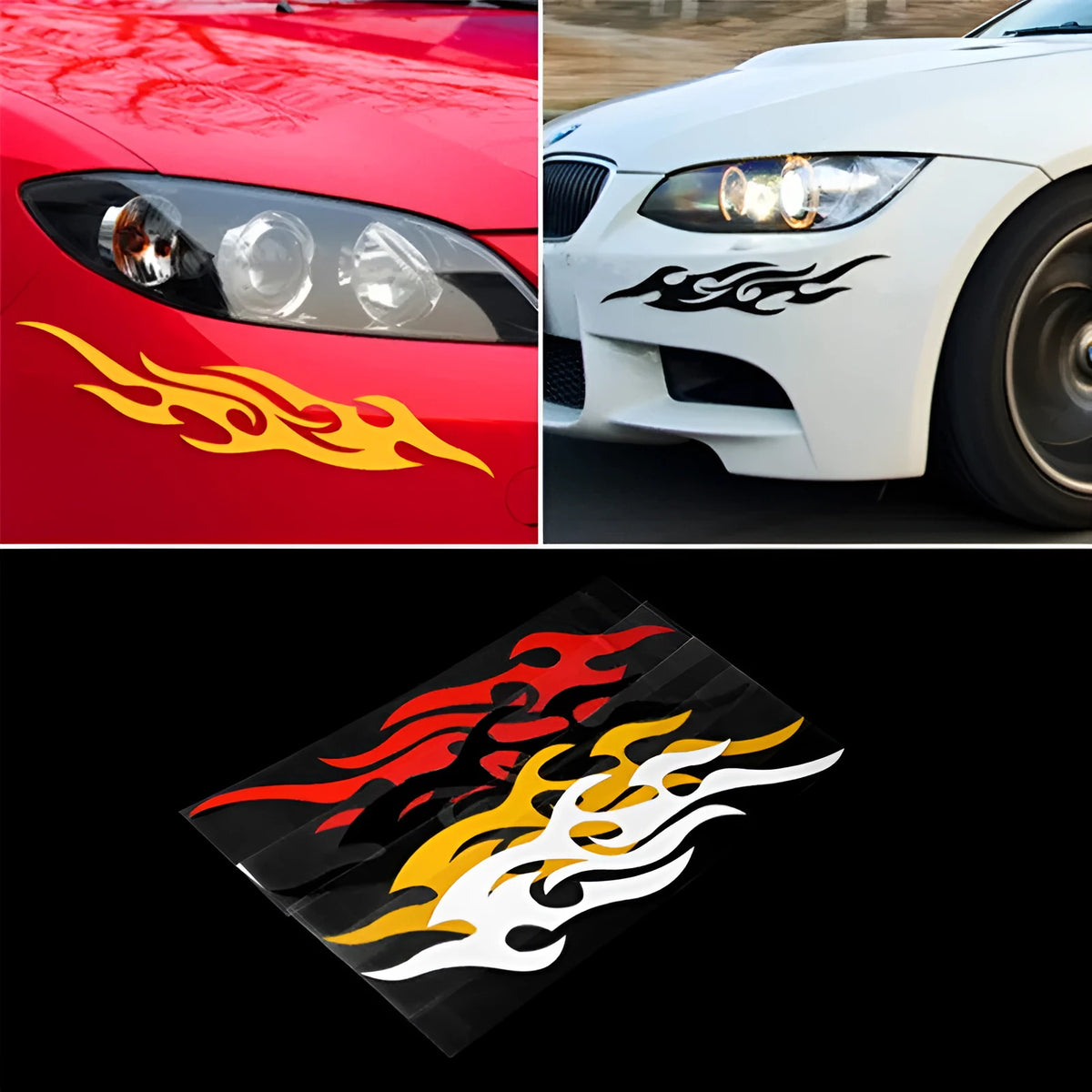 Fire pattern car sticker in reflective silver white, black, red, or reflective yellow, PET material, 18cmX8cm or 30cmX13cm.