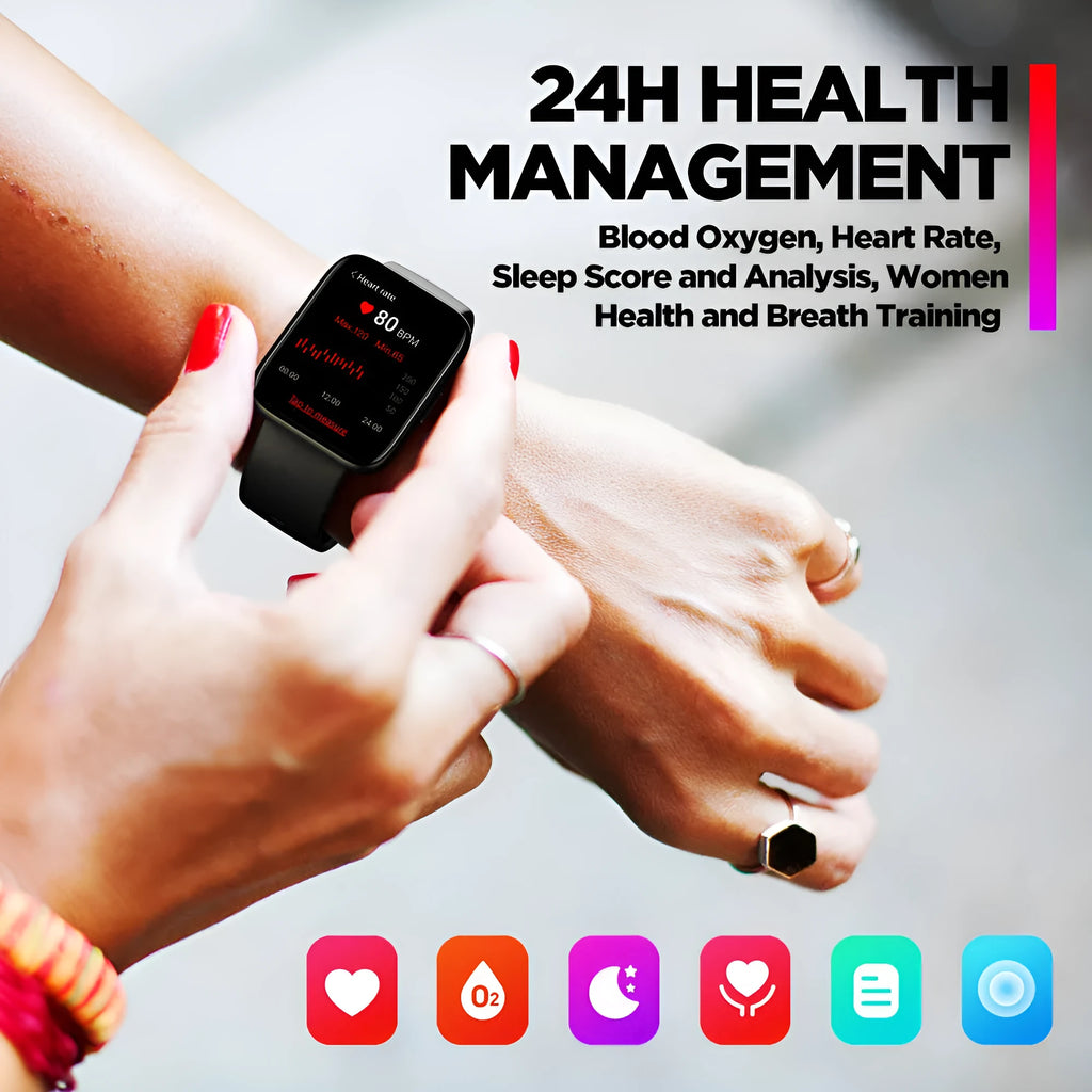 Black GPS sports smart watch with rubber strap showing health monitoring display