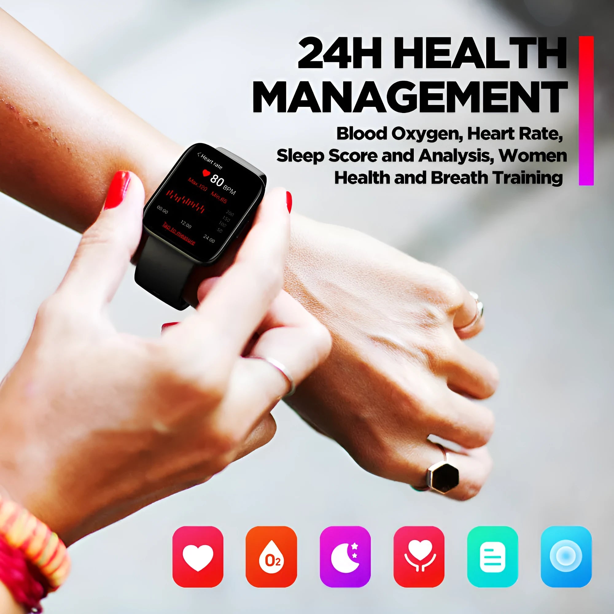 Black GPS sports smart watch with rubber strap showing health monitoring display