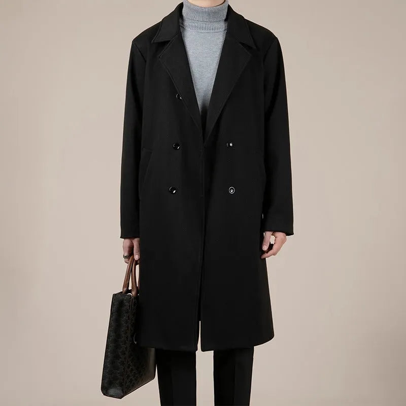 Men's mid-length corduroy linen trench coat in black or brown, loose fit, sizes M to 3XL, autumn winter daily wear