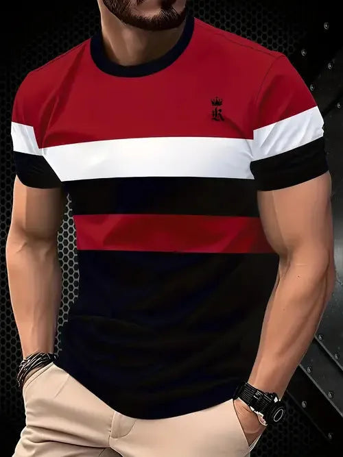 Men's loose fit casual short sleeve T-shirt in polyester, shown in a contrast colour option.