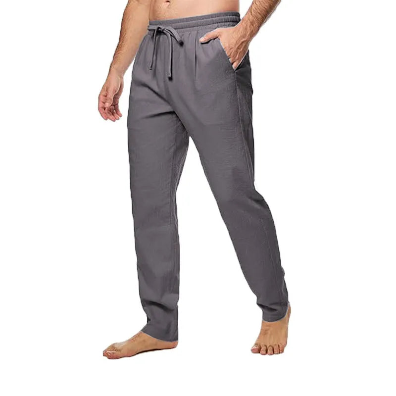 Men's cotton and linen trousers in loose straight-leg cut with drawstring waist, shown in five colours and sizes M to 5XL