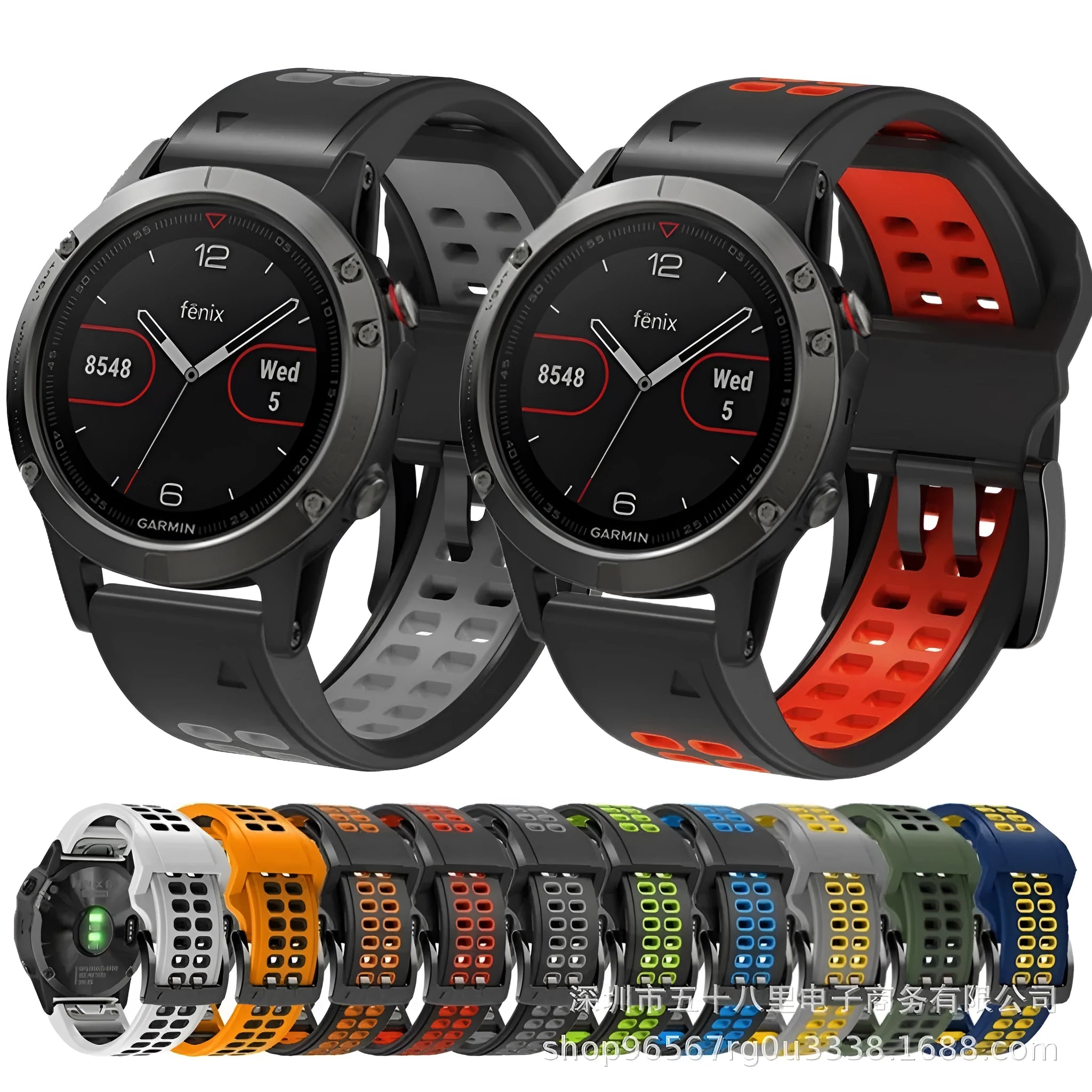 Quick release two-colour silicone sports watch strap with double-row ventilation holes on a grey background.