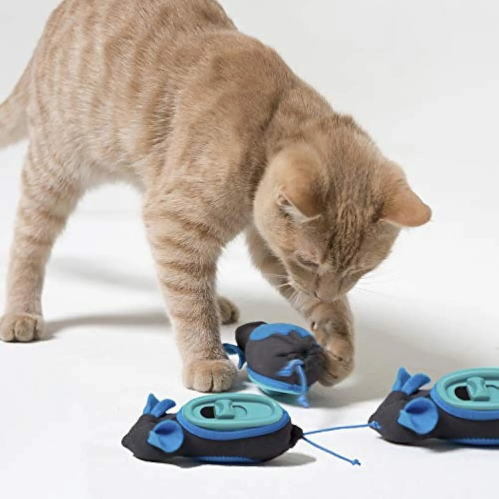 Blue Nteractive Indoor Treat Dispenser Mouse Toy with fabric outer skin and removable inner plastic feeder