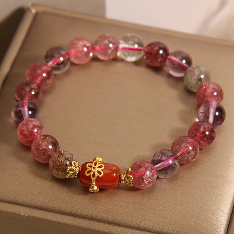 Natural Super Seven crystal bracelet with white crystal and red agate stones in cartoon style