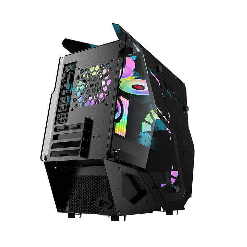 Full side tempered glass ATX computer case with black SPCC steel chassis and glass side panel