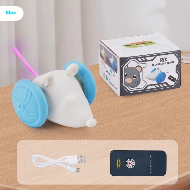 Electric interactive cat toy showing blue technology mouse design with remote control and USB charging cable