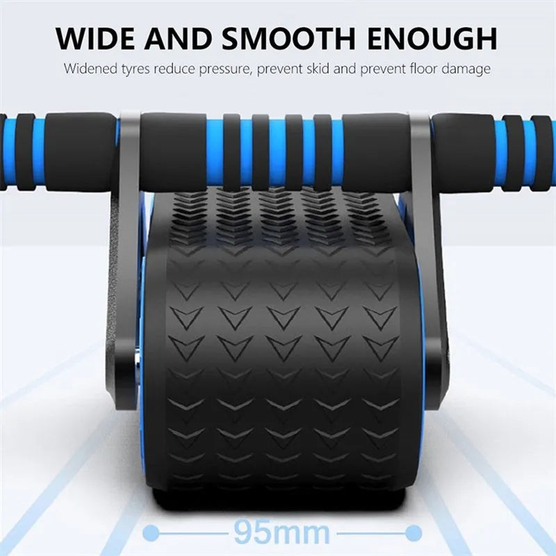Double wheel abdominal exerciser with automatic rebound and blue kneeling pad on a dark surface