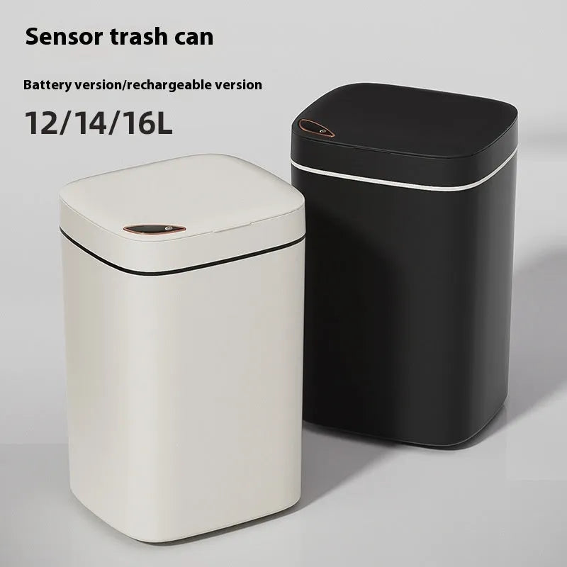 Square automatic induction rubbish bin with touch-free opening lid in milky white colour