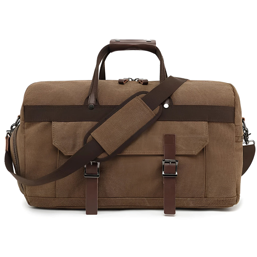 Men's canvas crossbody travel bag in black, brown or grey with 36-55 litre capacity