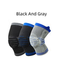 Cotton knee protector with silicone massage spring bar shock absorber in black and grey colour.