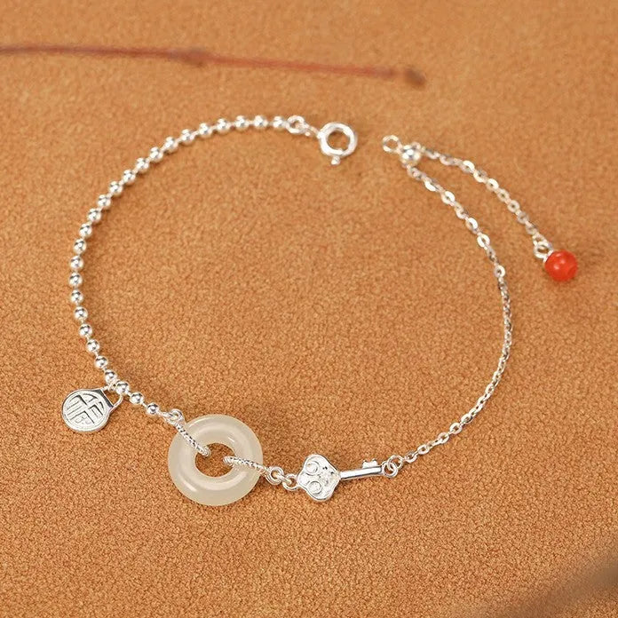 Women's 925 silver Hetian jade bracelet with Chinese style Ruyi Xiaofu geometric design