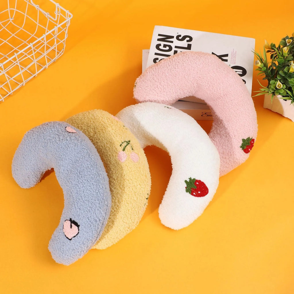 Blue U-shaped half moon pet pillow with cartoon design for dogs and cats