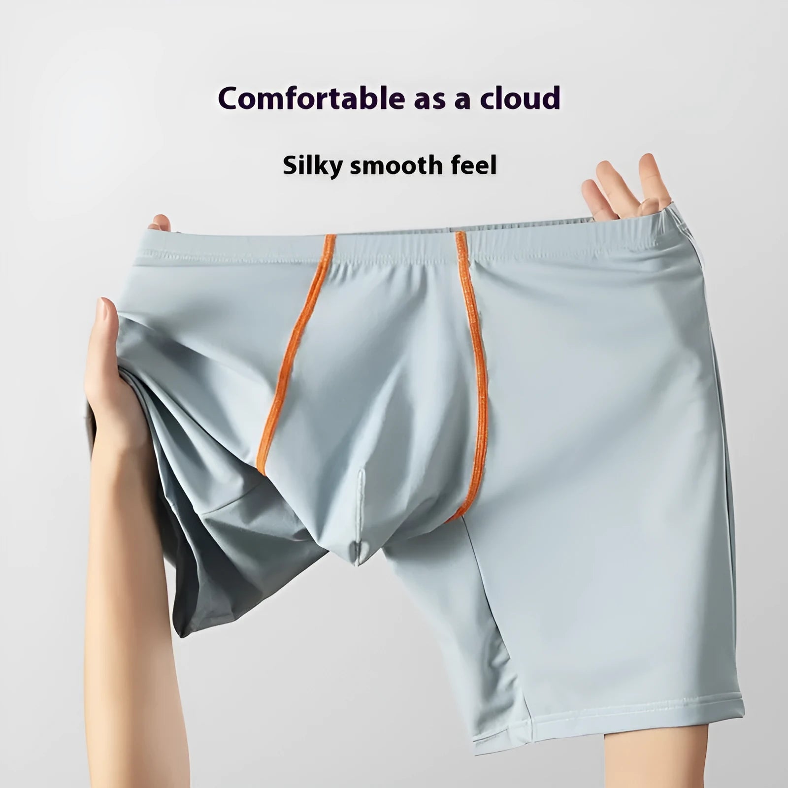 Men's ice silk nylon boxers with U convex pouch in mid-waist fit, shown in light green.
