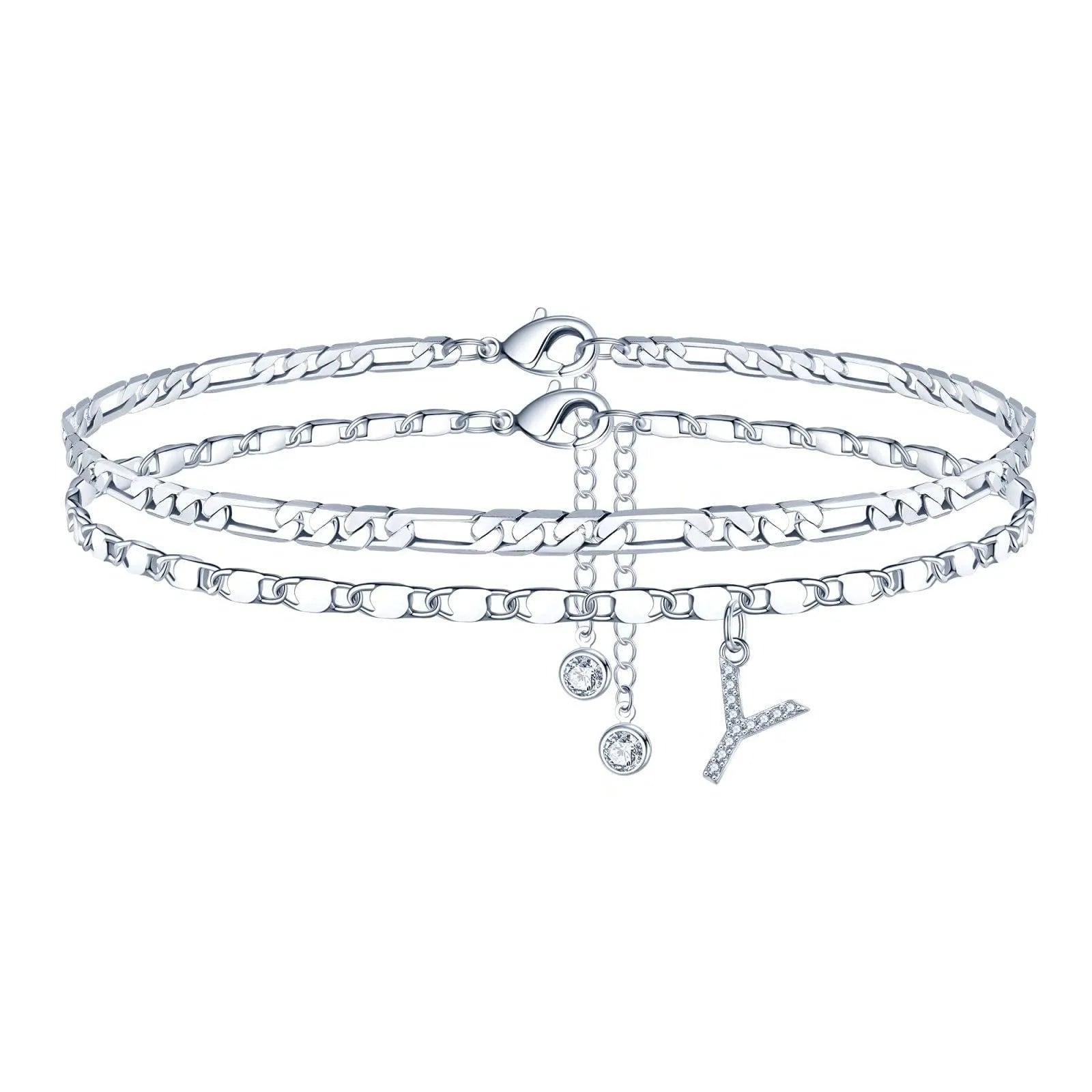 Silver colour copper anklet with double-circle design and text bead elements on ankle