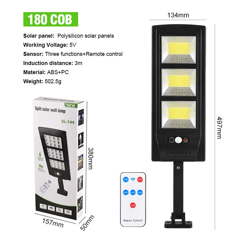 Plastic solar street light with remote control for outdoor garden or wall mounting.