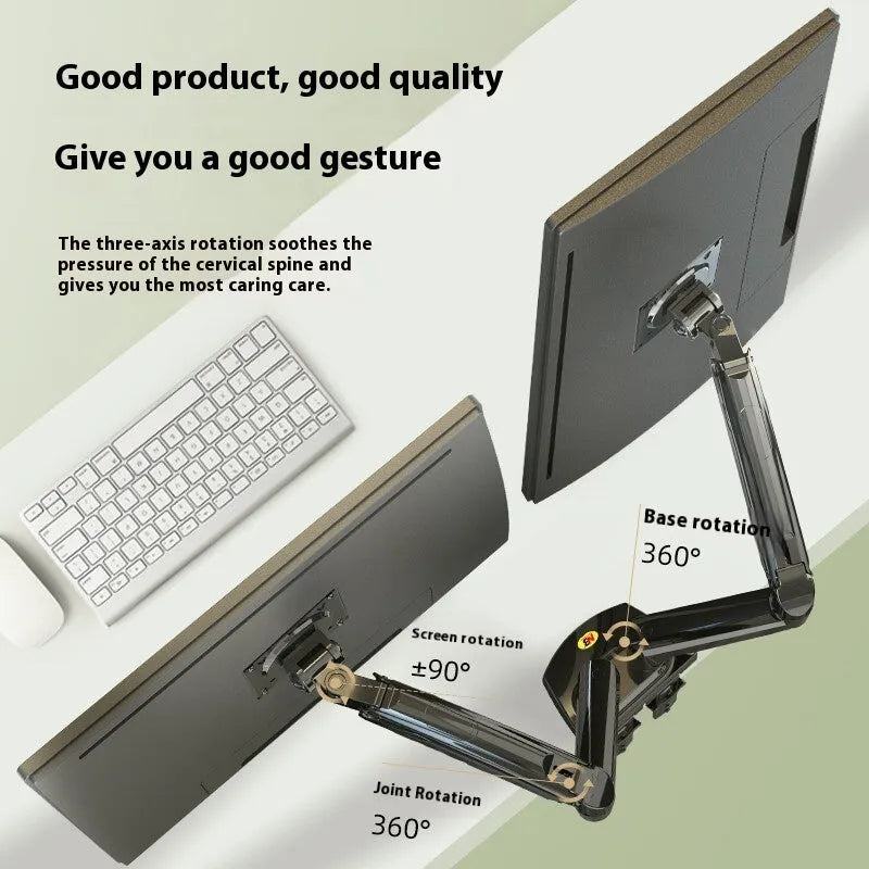 Aluminium dual monitor desk stand holding two screens, with mechanical adjustment arms.