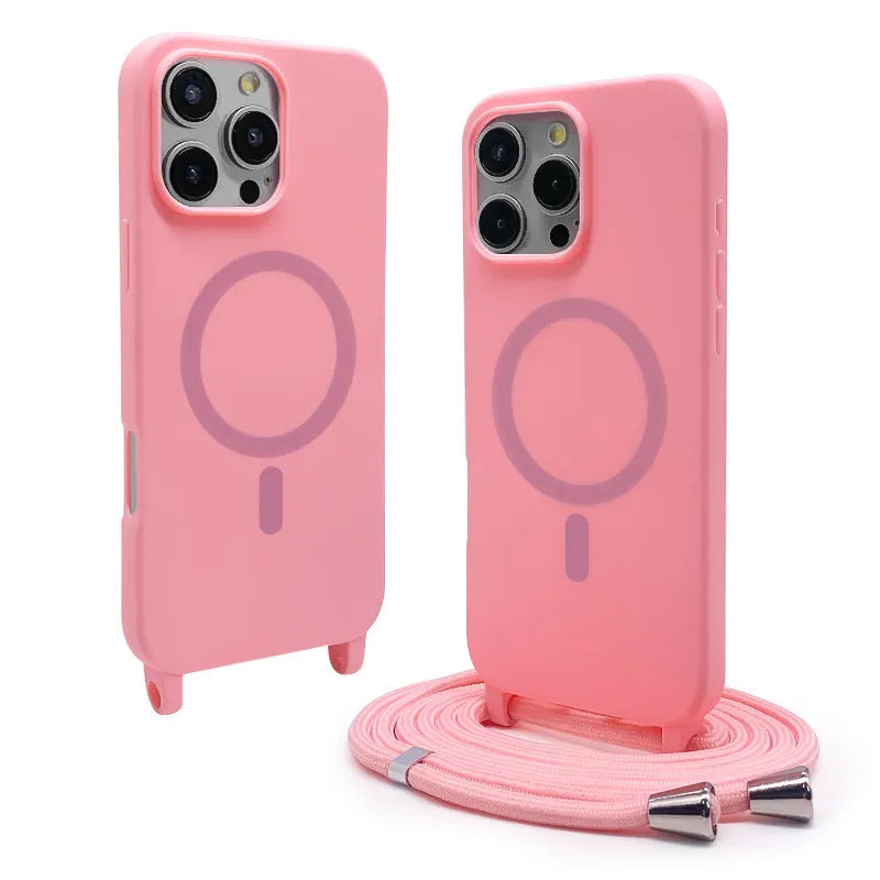 Magnetic lanyard phone case frosted TPU shockproof for iPhone 15 Pro Max, colour Black