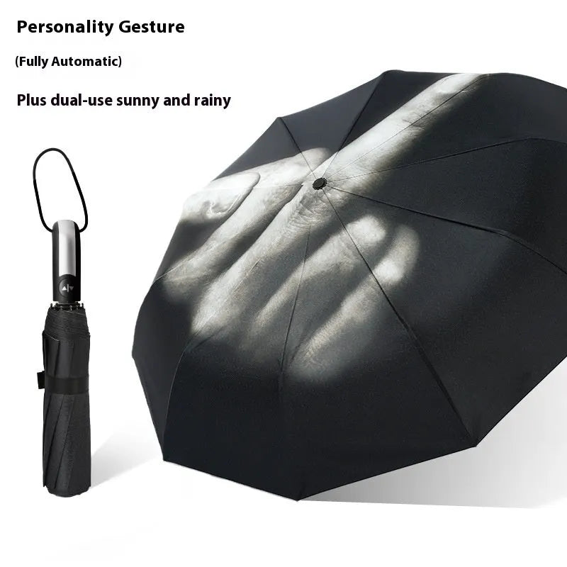 Tri-fold umbrella with eccentric gesture design, shown in folded and open states.
